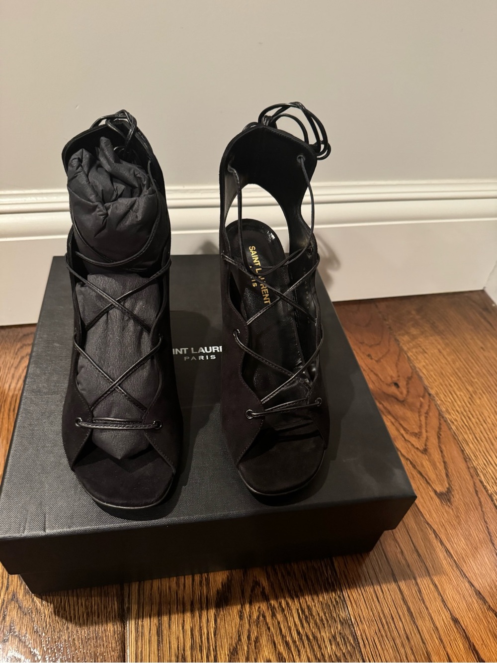 Saint Laurent Black Suede Lace-Up Peep-Toe Heels with Ankle Wrap
